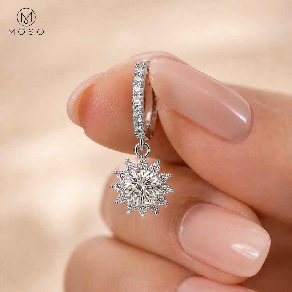 Evelyn sterling silver moissanite drop earring held by hand, scale detail | MOSO