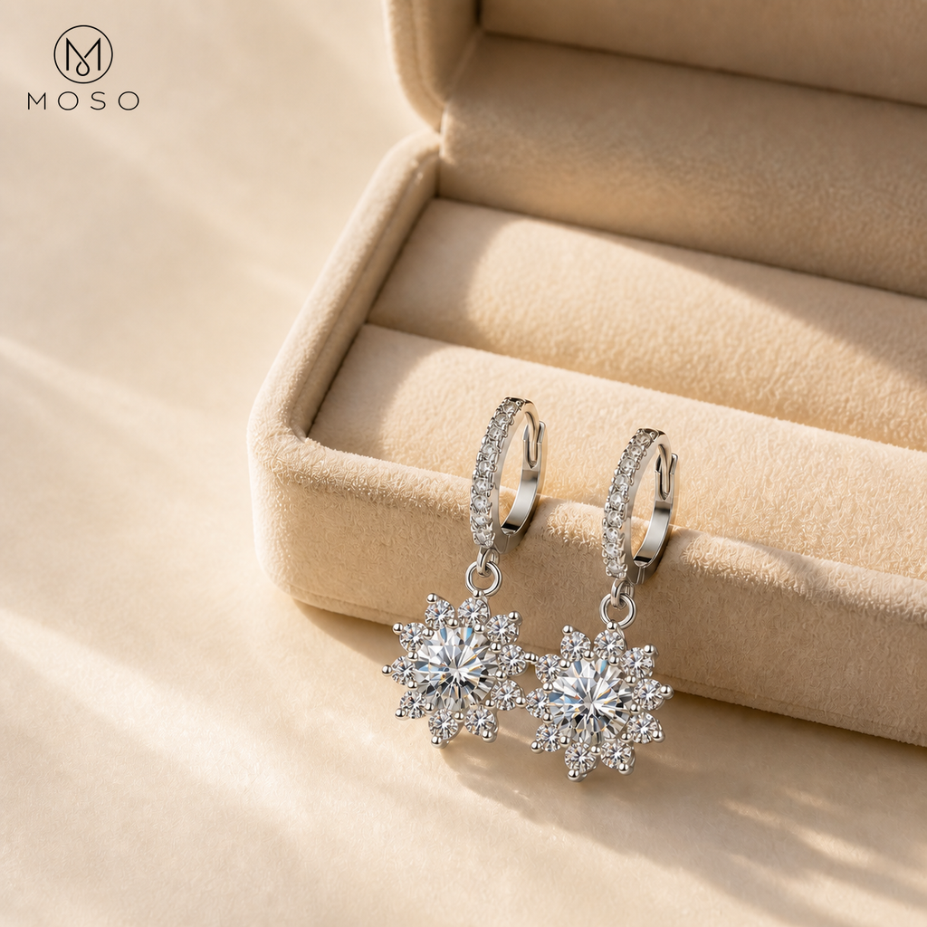 Pair of Evelyn moissanite halo drop earrings presented with jewellery box | MOSO