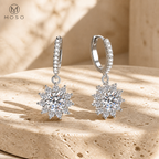 Evelyn round moissanite drop earrings on warm stone, editorial jewellery view | MOSO