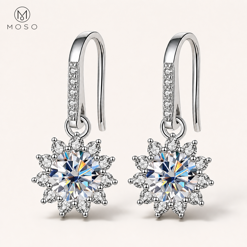 Evelyn open hook moissanite halo drop earrings in 925 sterling silver | MOSO