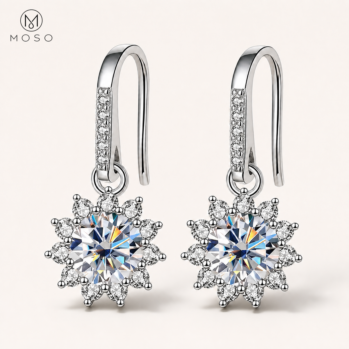 Evelyn open hook moissanite halo drop earrings in 925 sterling silver | MOSO