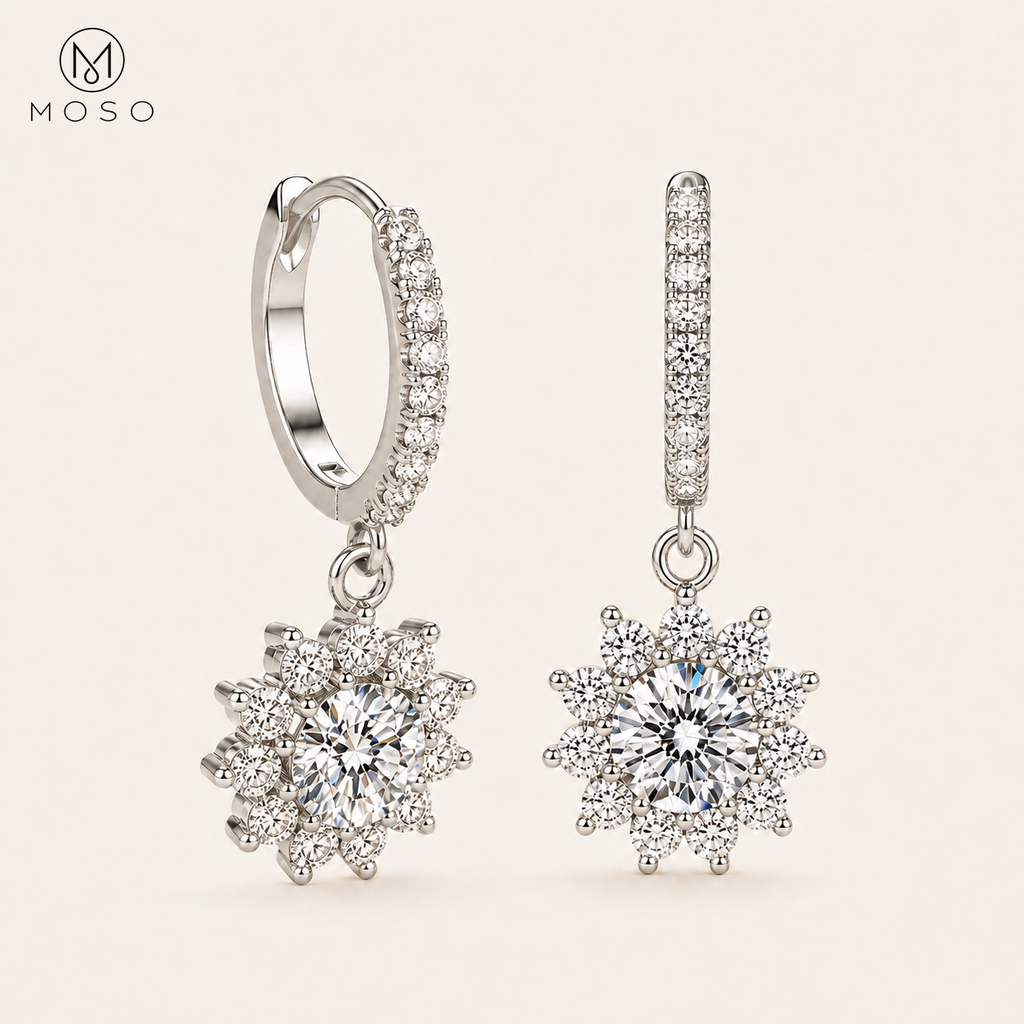Evelyn pavé huggie style moissanite drop earrings, clasp and side detail | MOSO