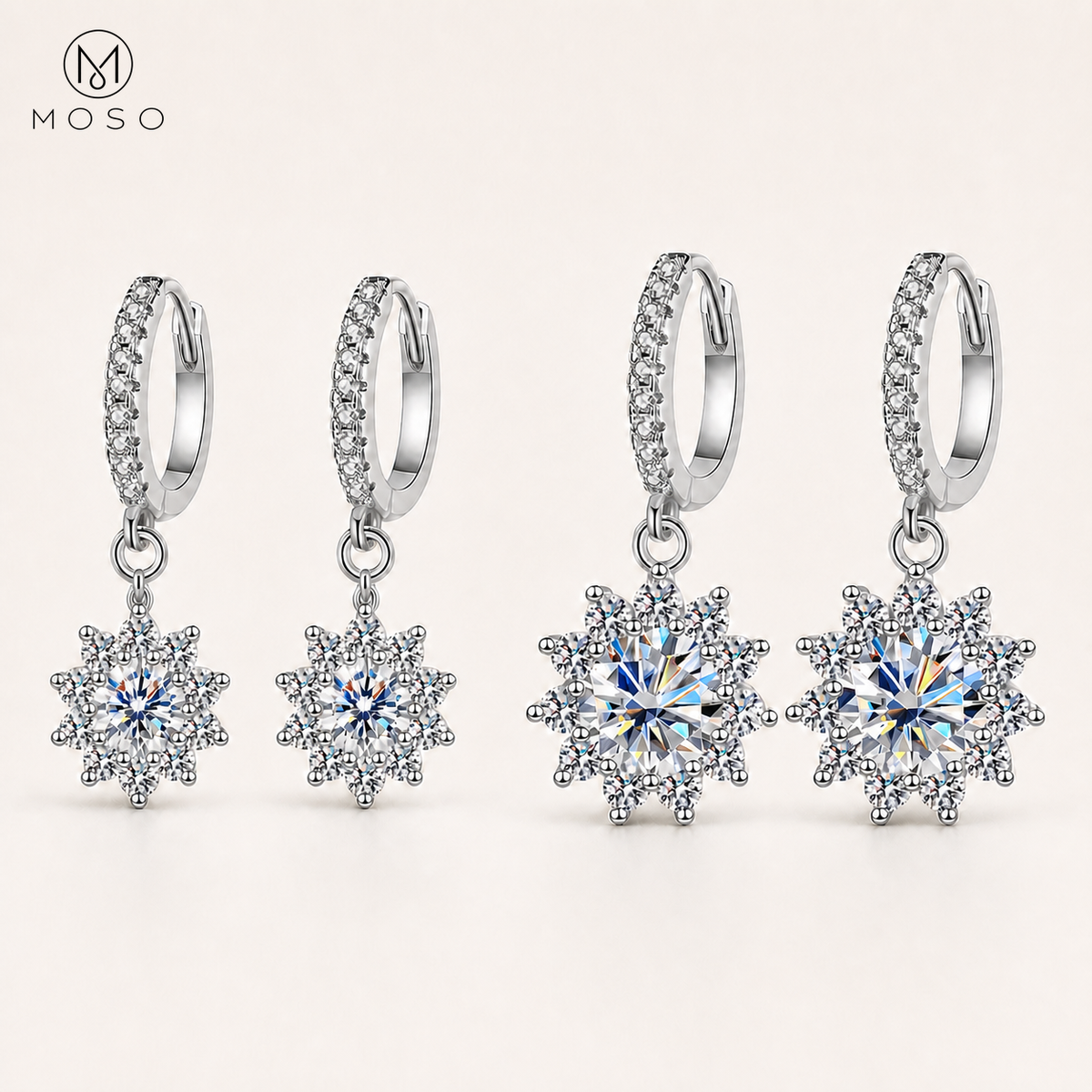 Evelyn 5 mm and 6.5 mm round moissanite drop earrings size comparison | MOSO