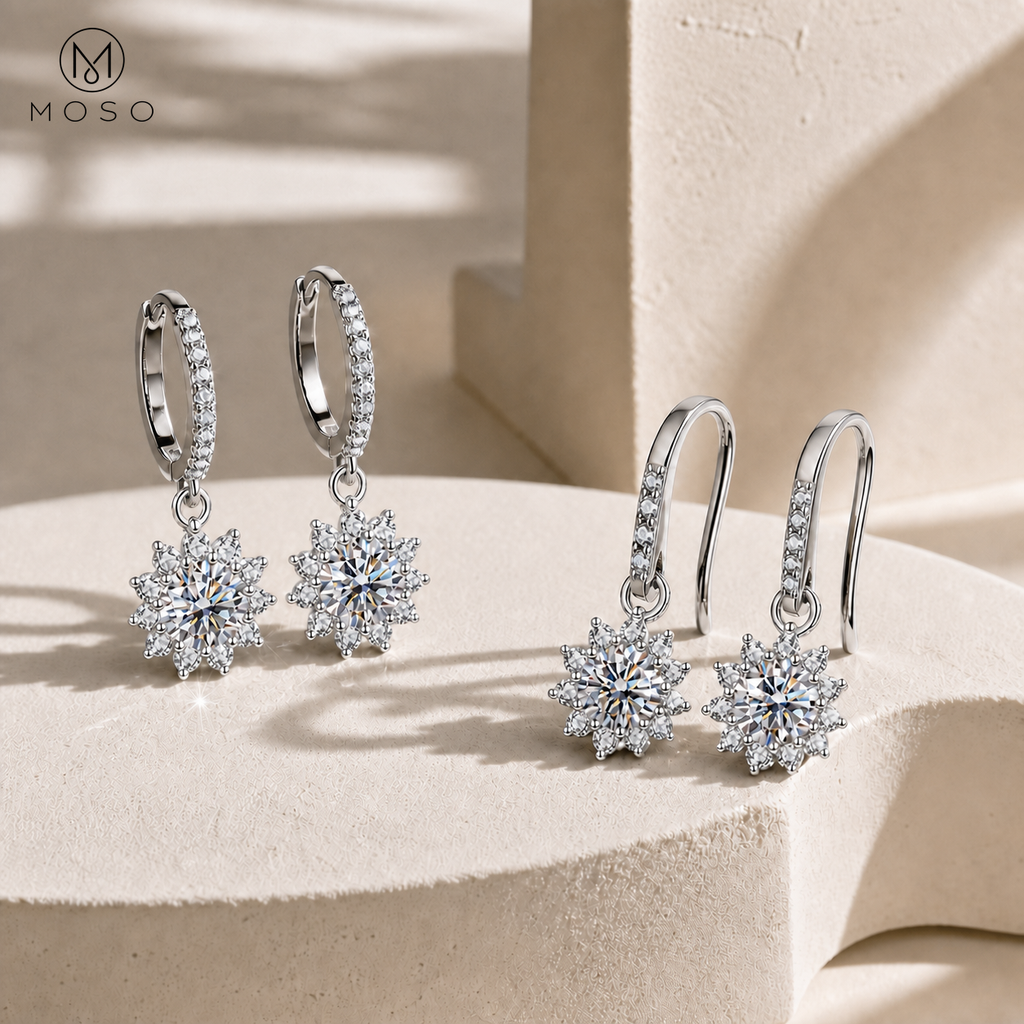 Evelyn pavé huggie and open hook moissanite drop earring styles together | MOSO