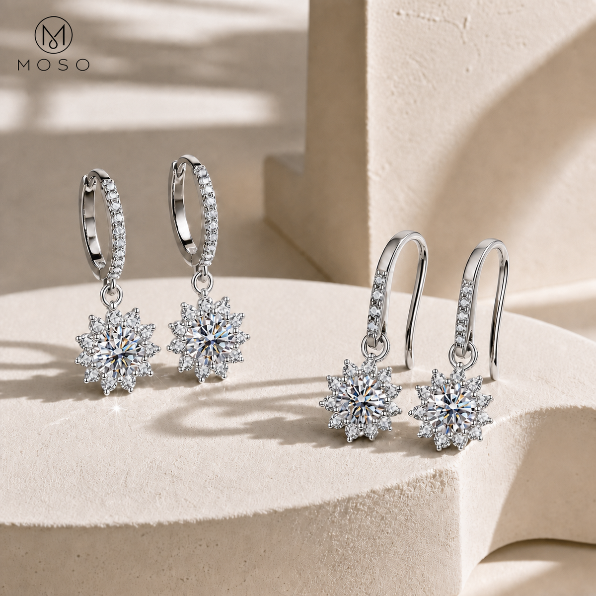 Evelyn pavé huggie and open hook moissanite drop earring styles together | MOSO