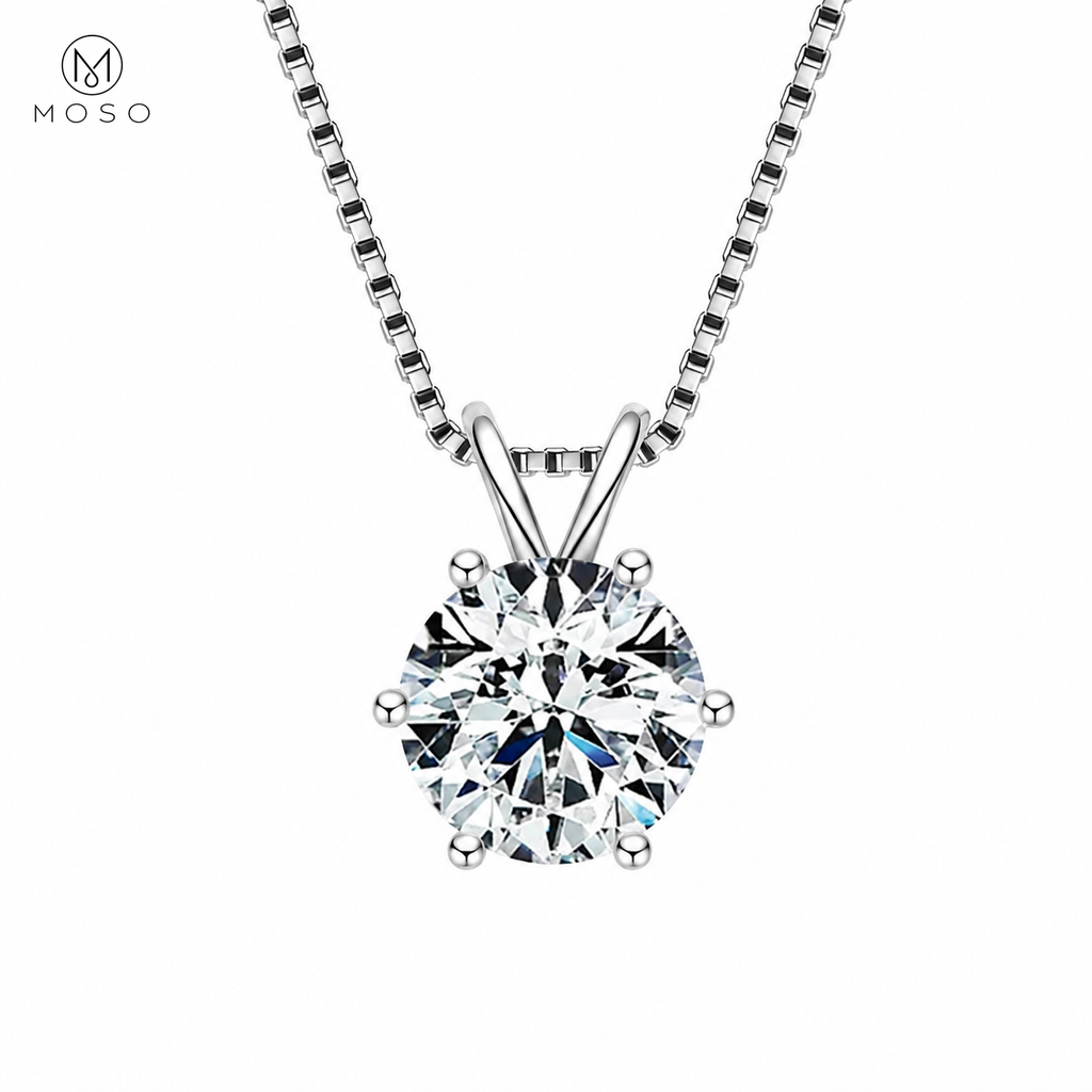 Grace round moissanite solitaire pendant necklace in silver tone on white