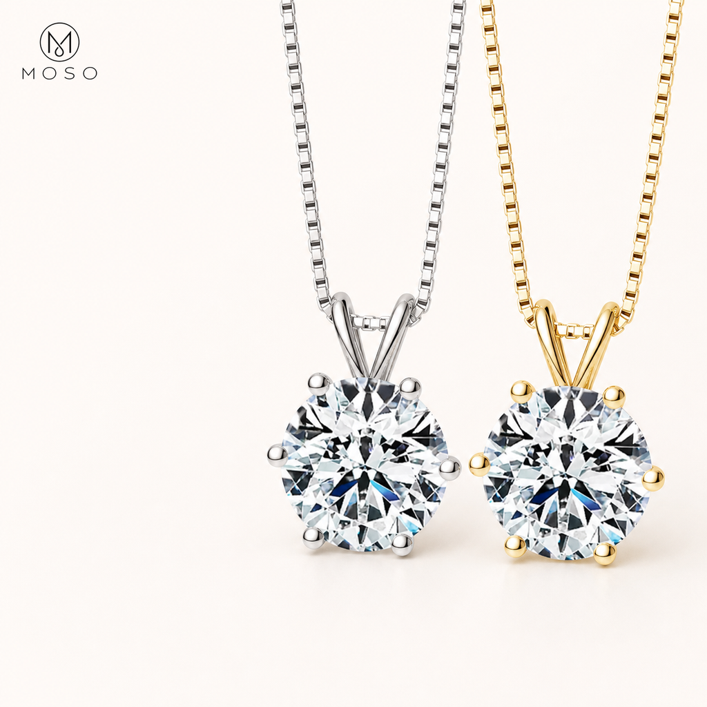 Grace round moissanite necklace in silver and gold tone finishes