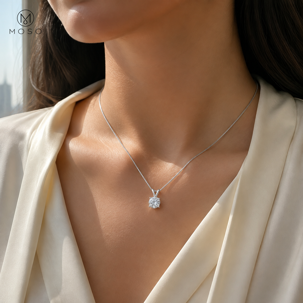 Grace silver tone moissanite necklace worn in daylight