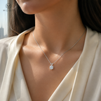 Grace silver tone moissanite necklace worn in daylight