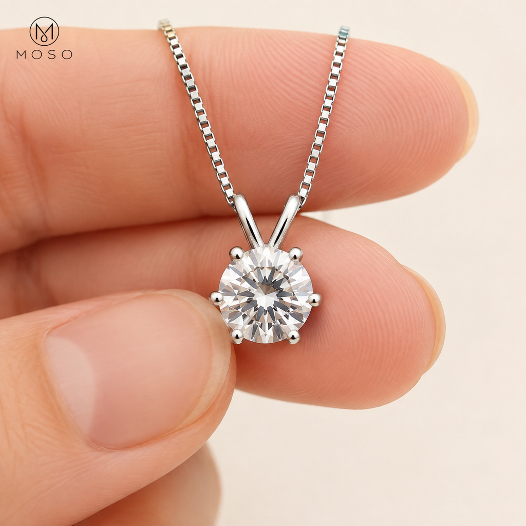 Grace six prong round moissanite pendant hand held scale view