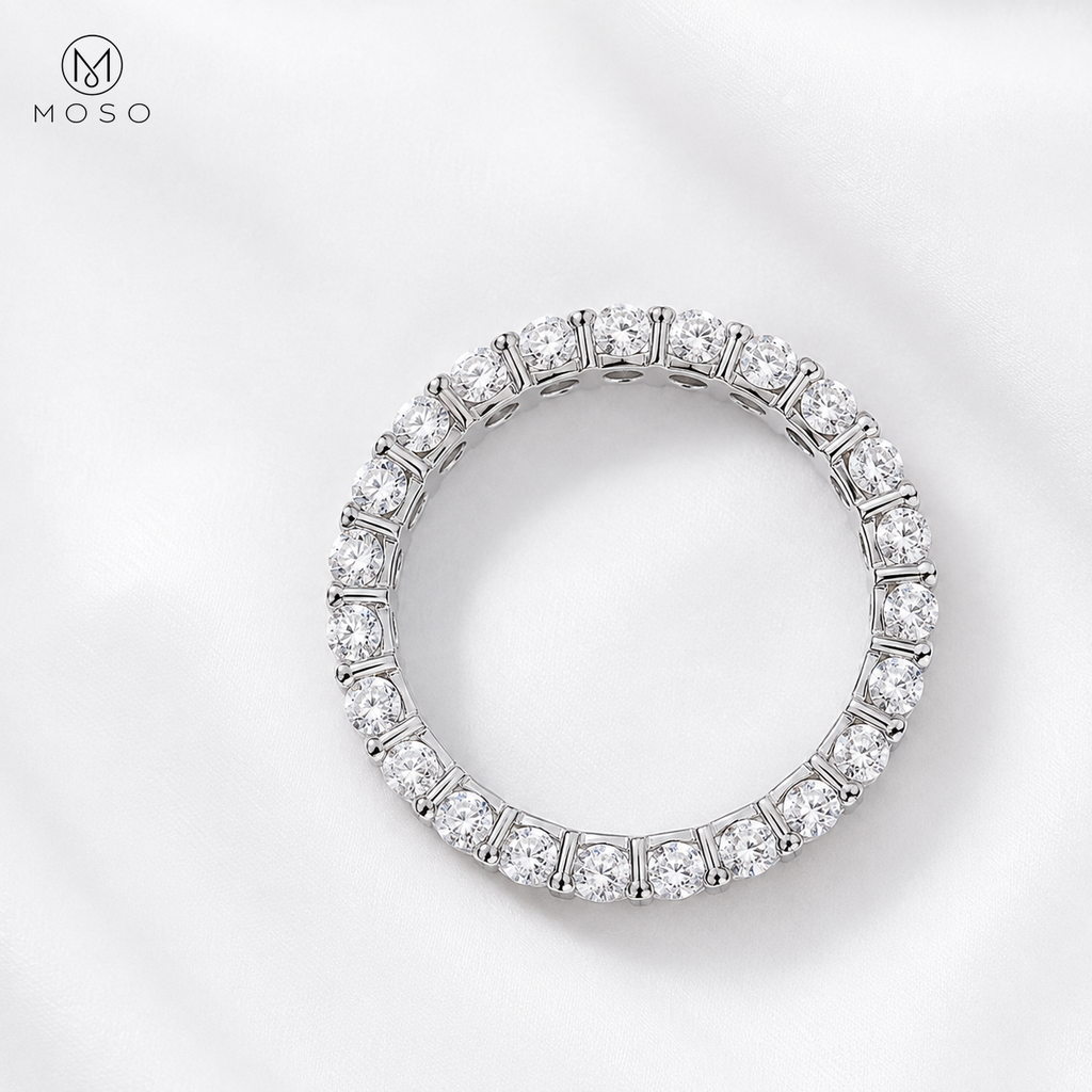 Top view of Hailey round moissanite full eternity wedding band