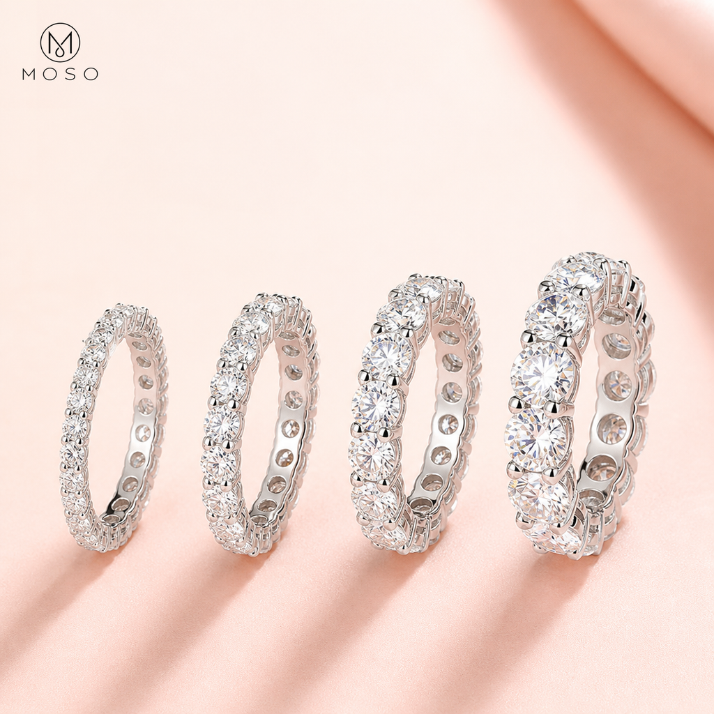 Hailey full eternity moissanite rings showing four stone width options