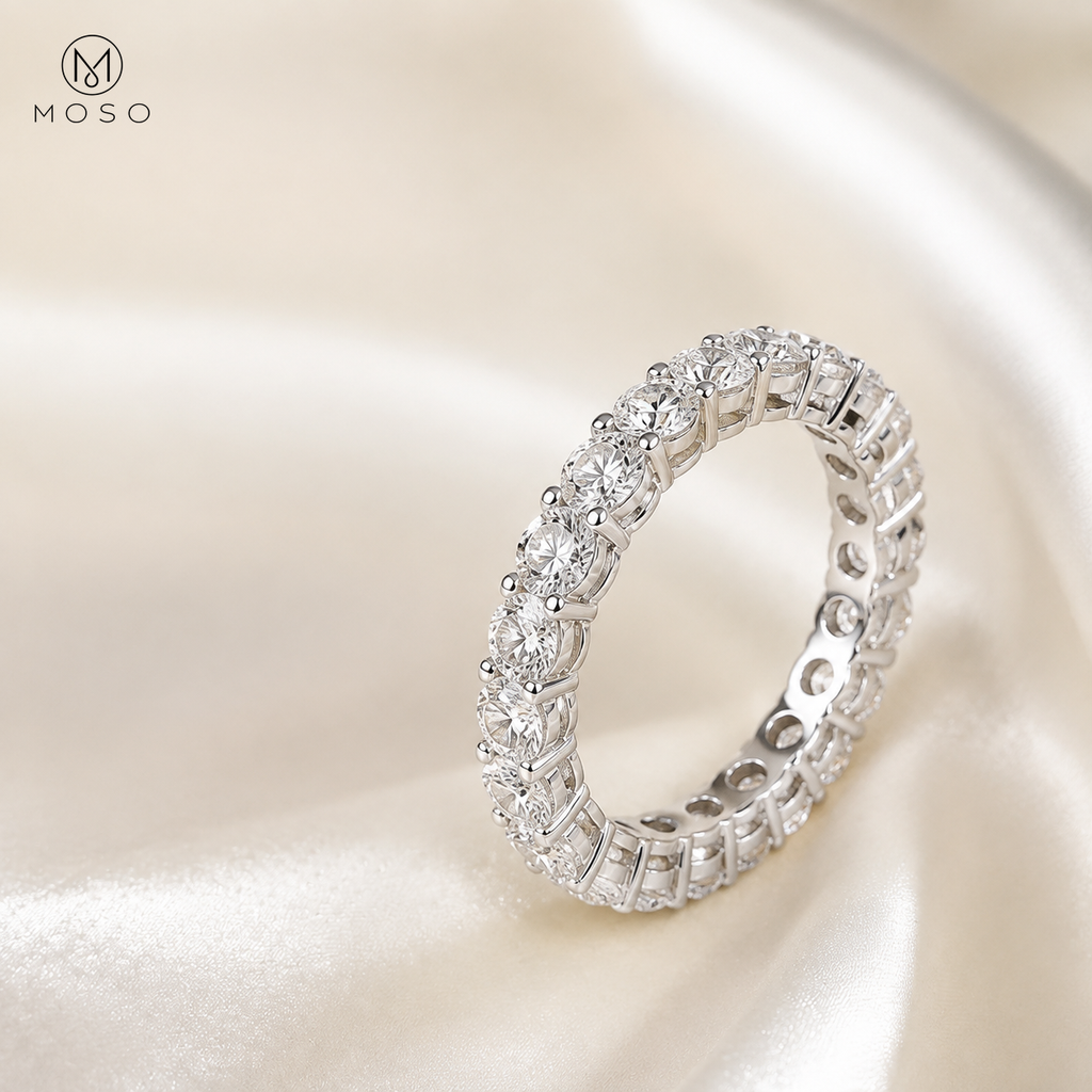 Hailey silver tone full eternity moissanite ring on ivory silk