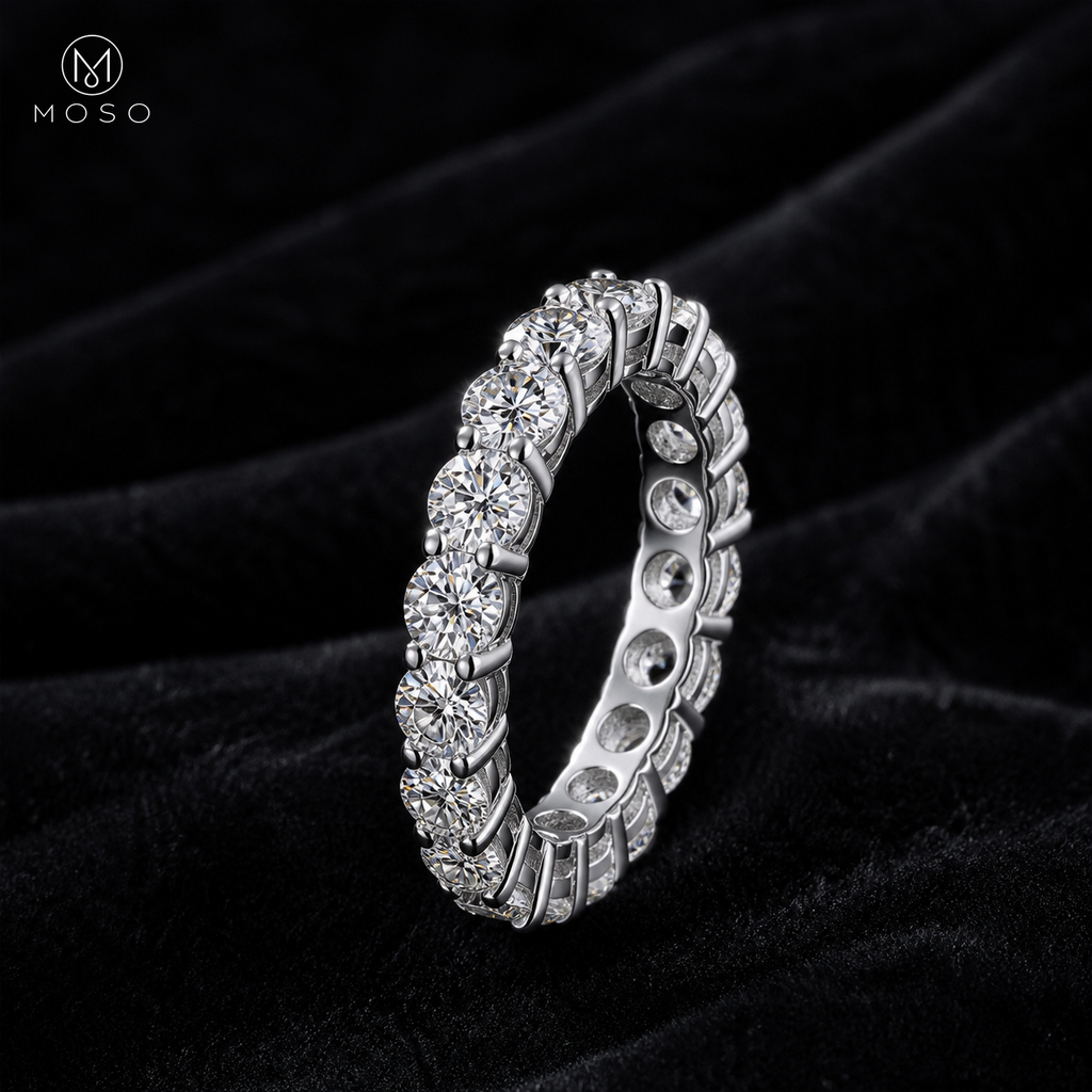 Hailey silver tone full eternity moissanite ring on black velvet