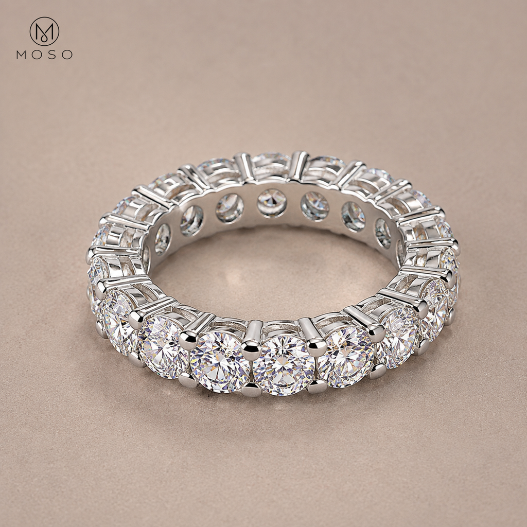 Hailey bold 5mm round moissanite full eternity ring in silver tone