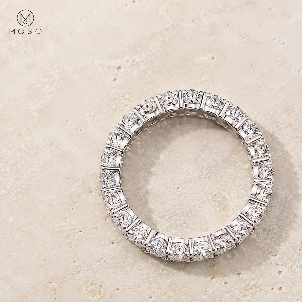 Hailey 3.5mm round moissanite full eternity ring on pale stone