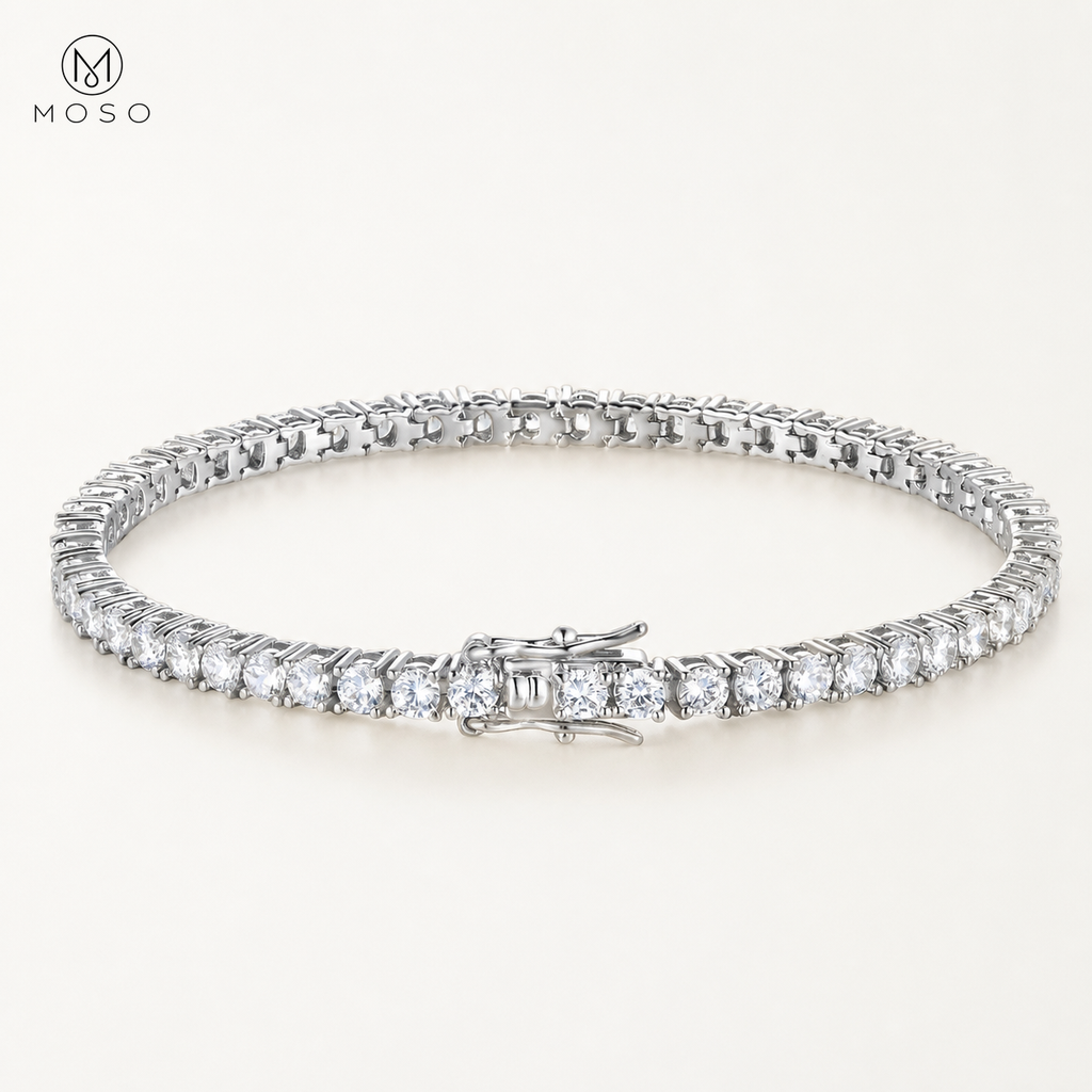 Hannah round stone tennis bracelet in silver tone on white background