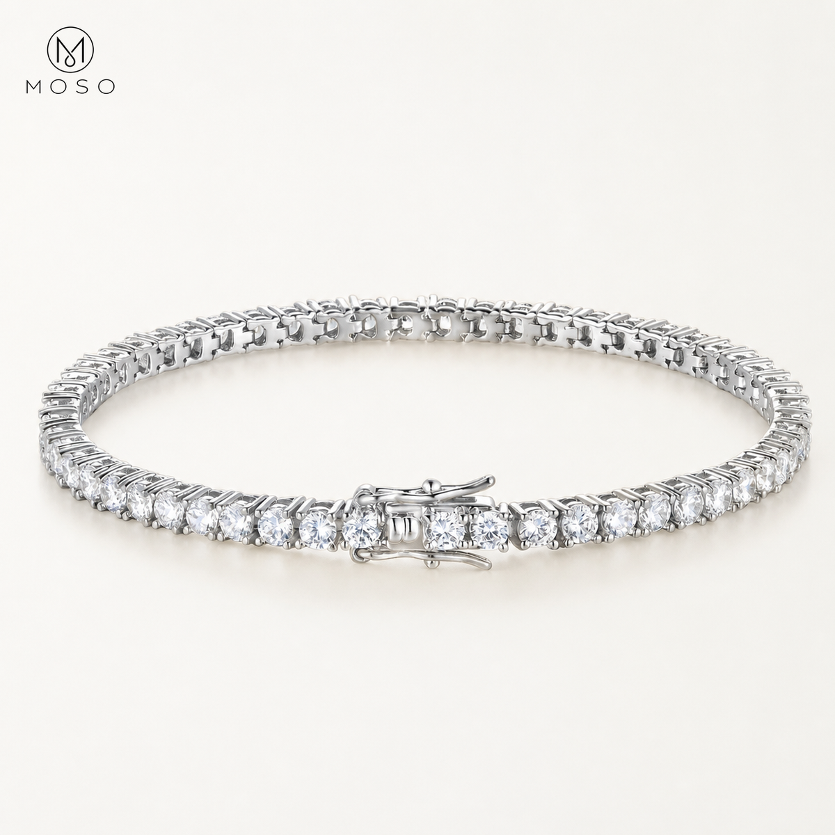 Hannah round stone tennis bracelet in silver tone on white background