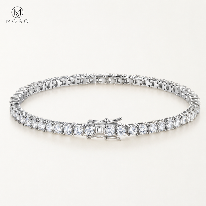 Hannah round stone tennis bracelet in silver tone on white background