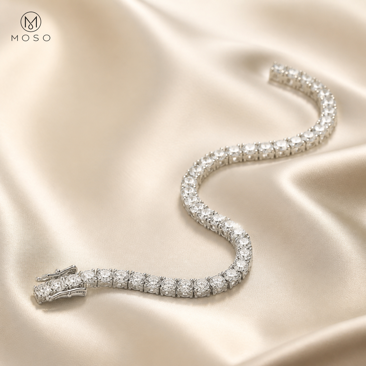 Hannah single row tennis bracelet on ivory satin