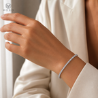Hannah silver tennis bracelet worn on wrist