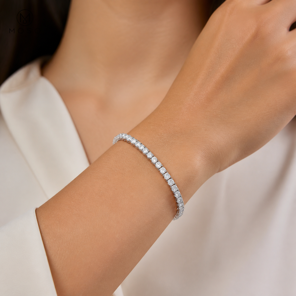Hannah round stone tennis bracelet close view on wrist