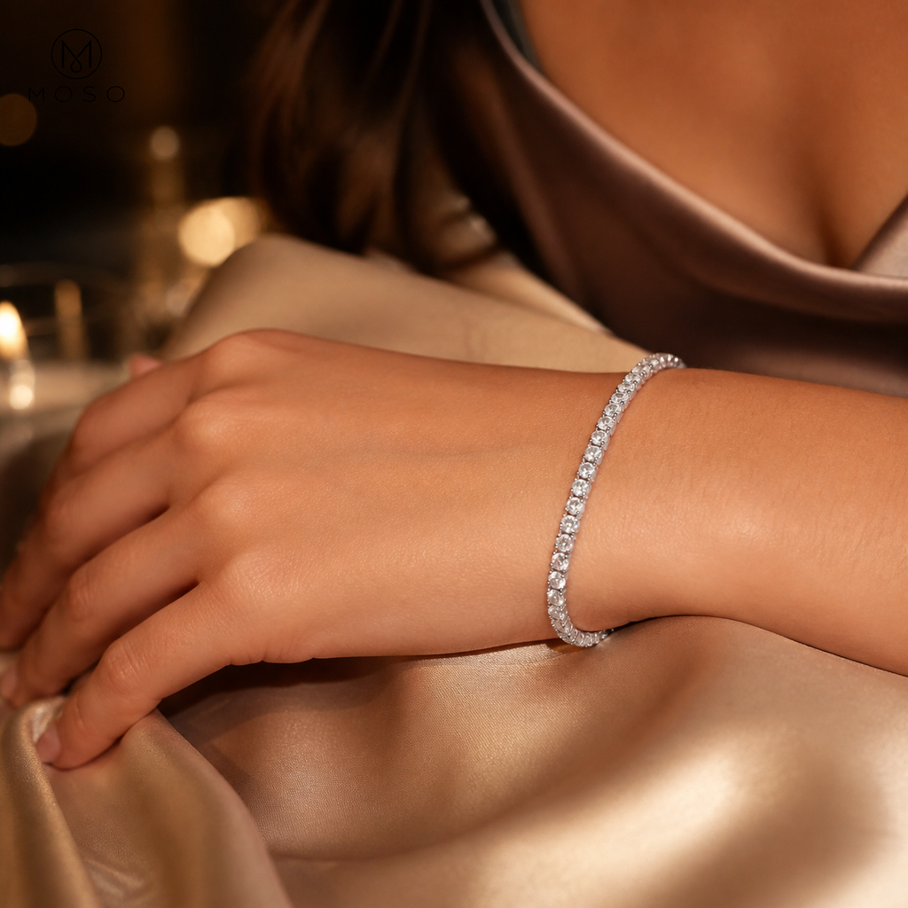 Hannah tennis bracelet styled for an evening look