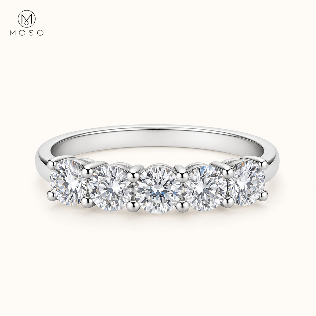 Harper 1.5ct five stone moissanite wedding band on ivory