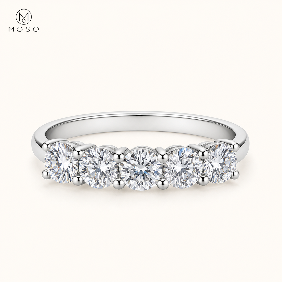 Harper 1.5ct five stone moissanite wedding band on ivory