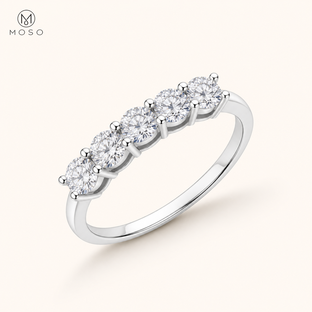 Harper five stone round moissanite ring at three quarter angle