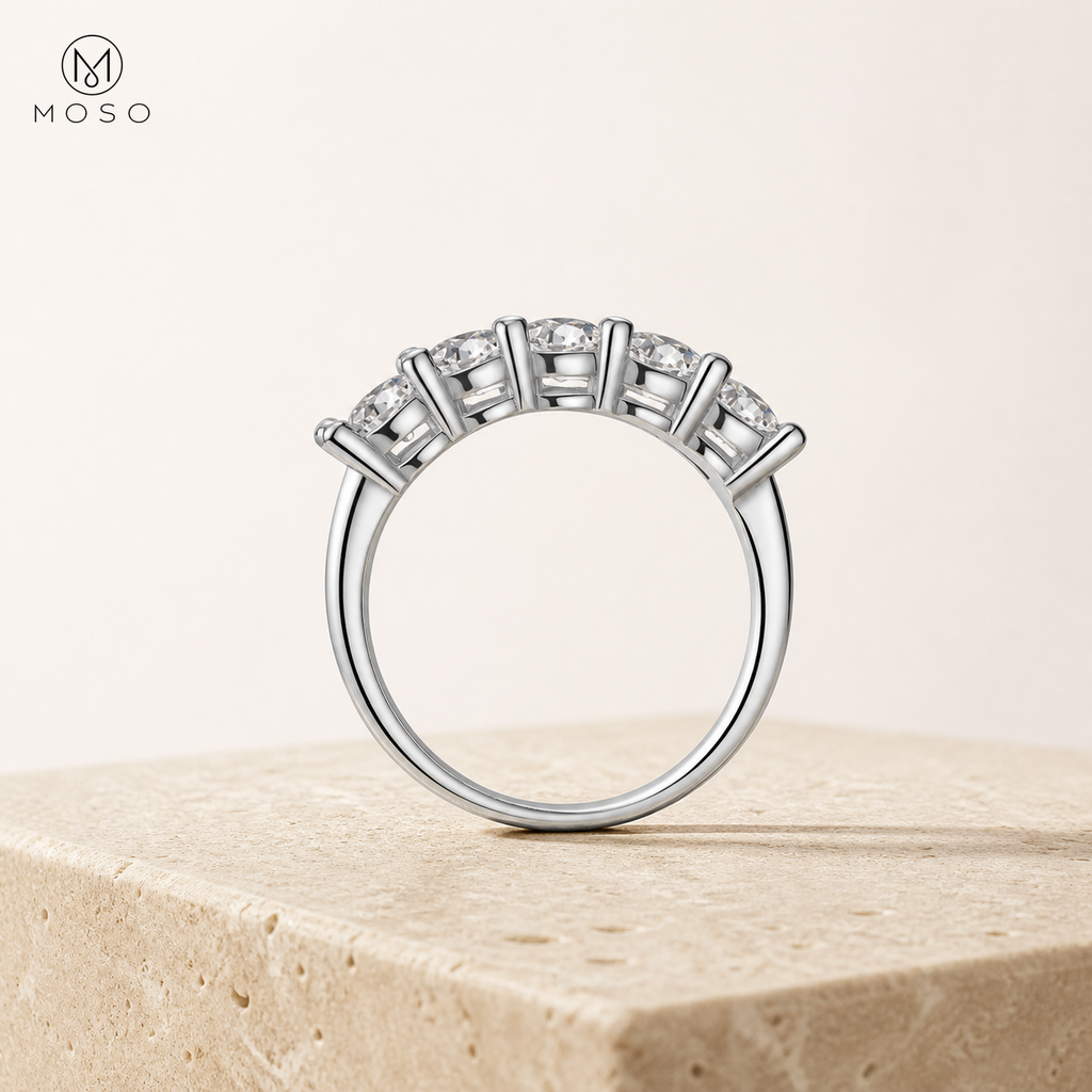 Harper five stone moissanite wedding band side profile