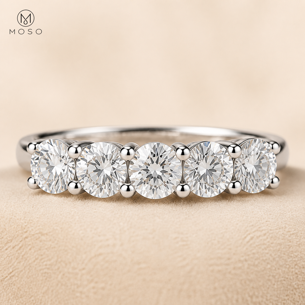 Harper round moissanite five stone ring close up