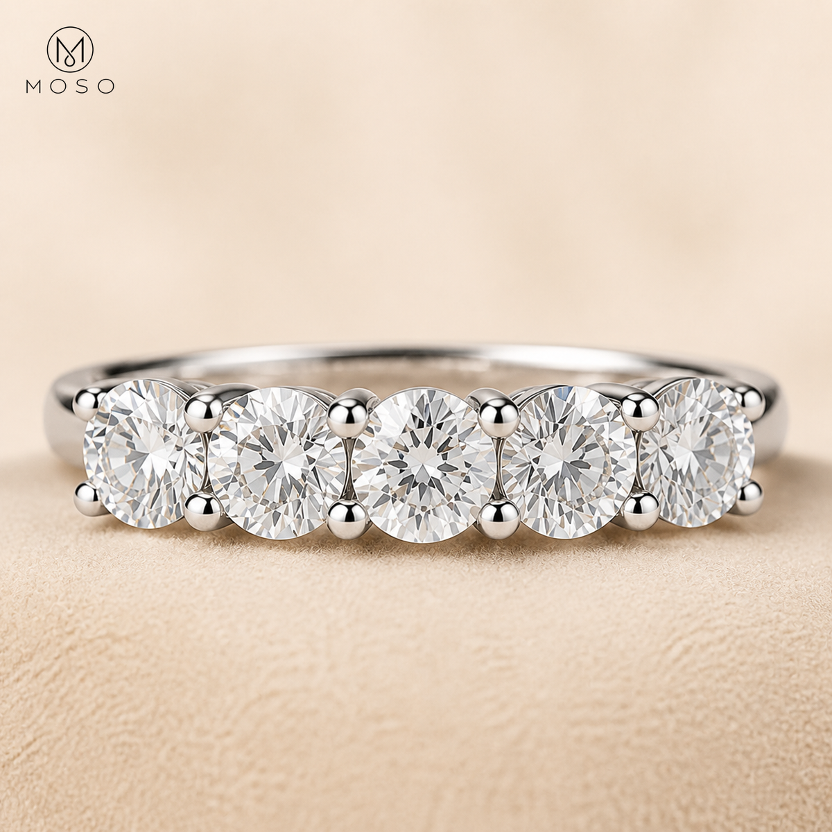 Harper round moissanite five stone ring close up