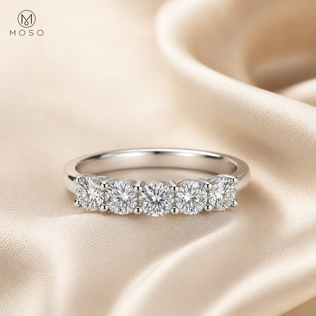 Harper five stone moissanite band on champagne silk