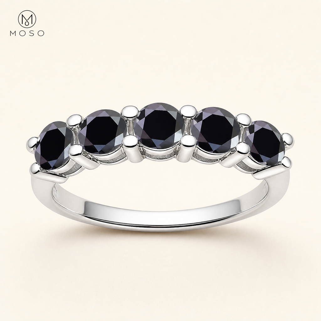 Harper black moissanite five stone ring on ivory