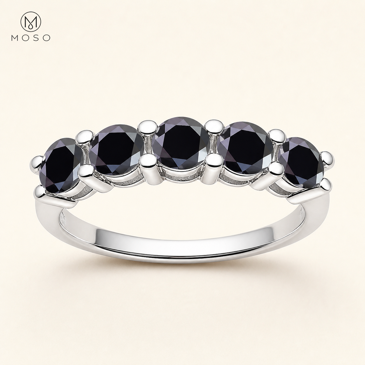 Harper black moissanite five stone ring on ivory