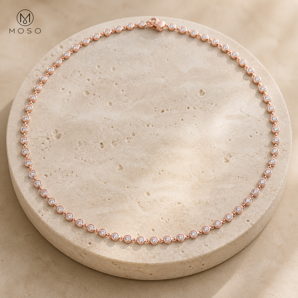 Hazel rose gold tone moissanite bezel necklace