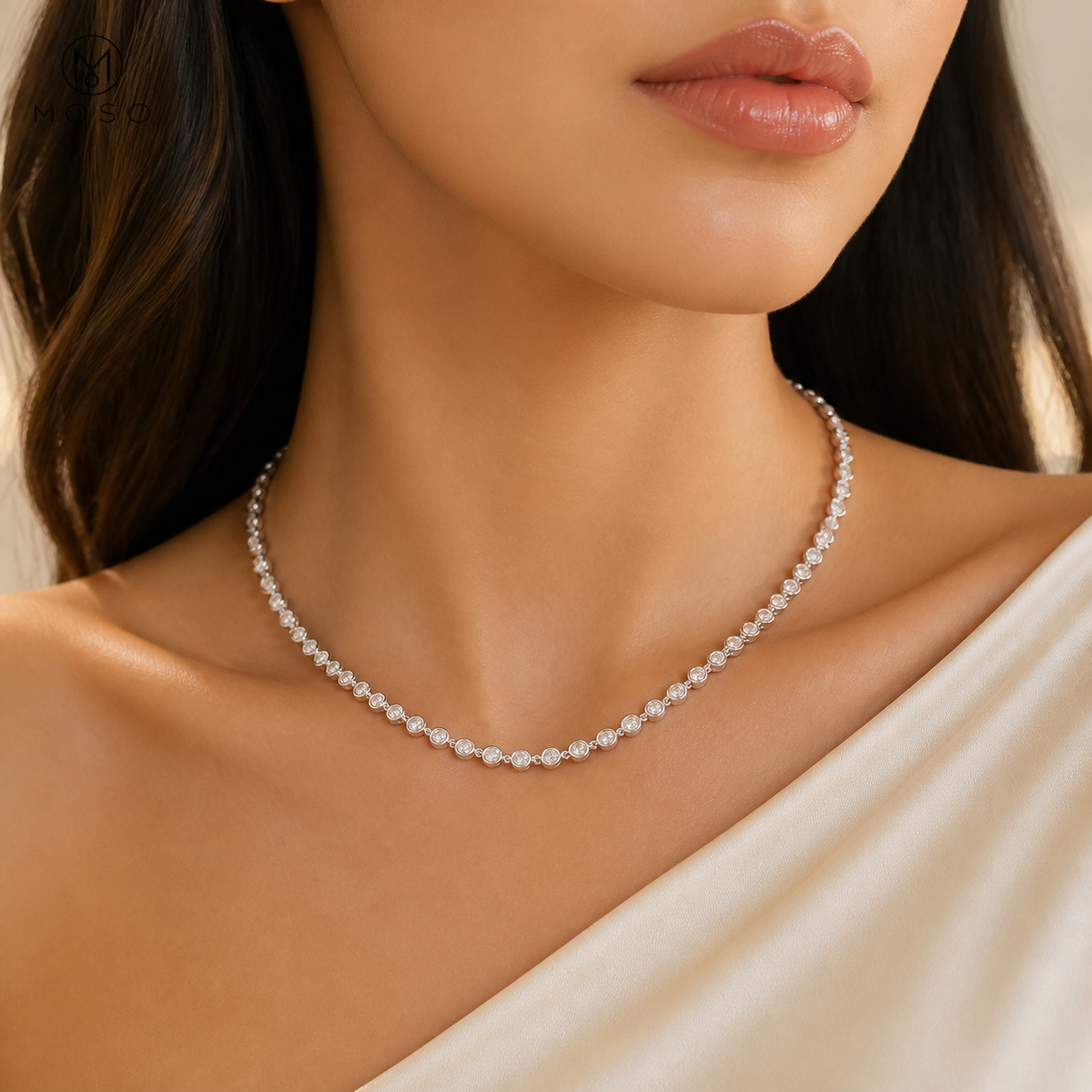 Woman wearing Hazel silver tone moissanite tennis necklace