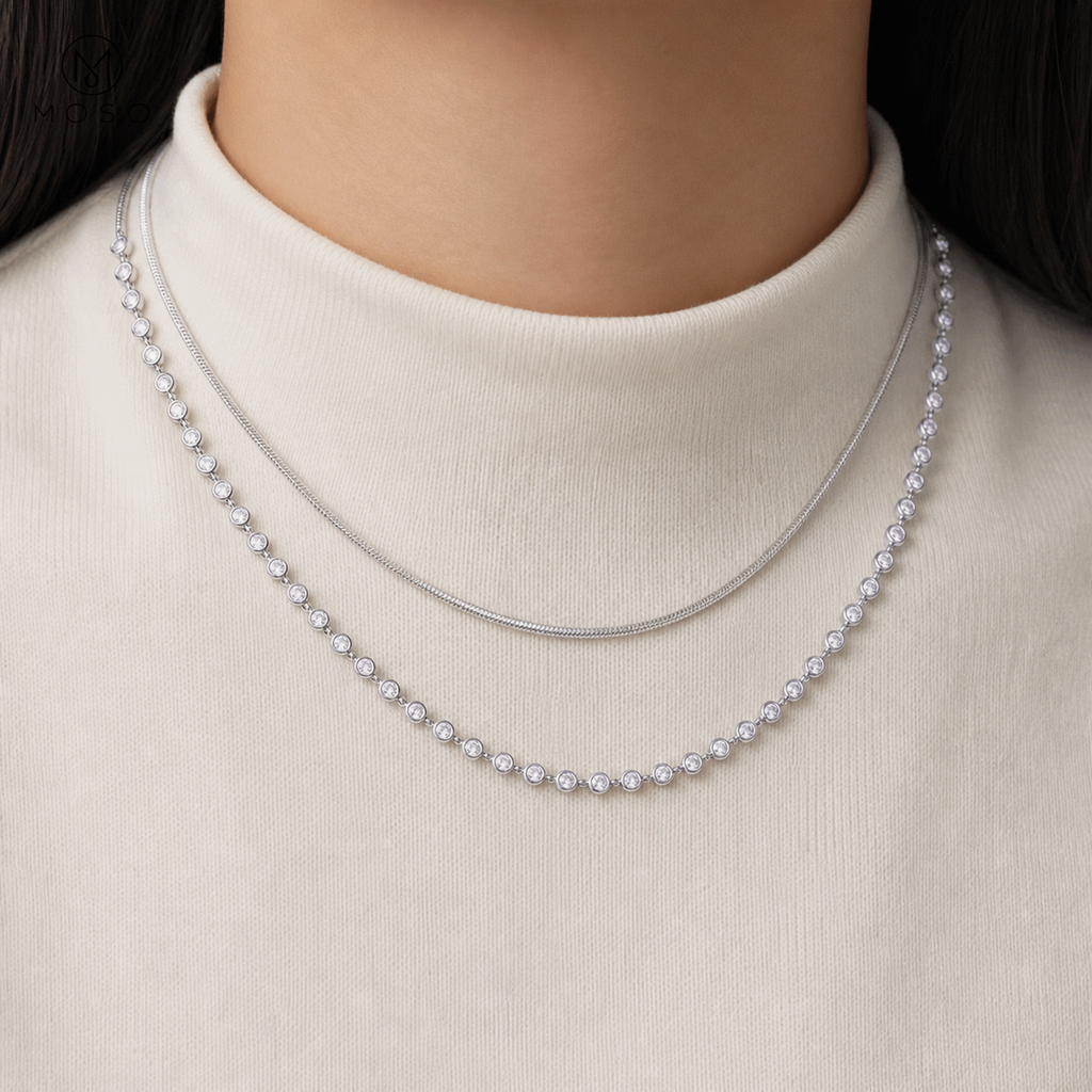 Hazel silver tone bezel tennis necklace layered styling