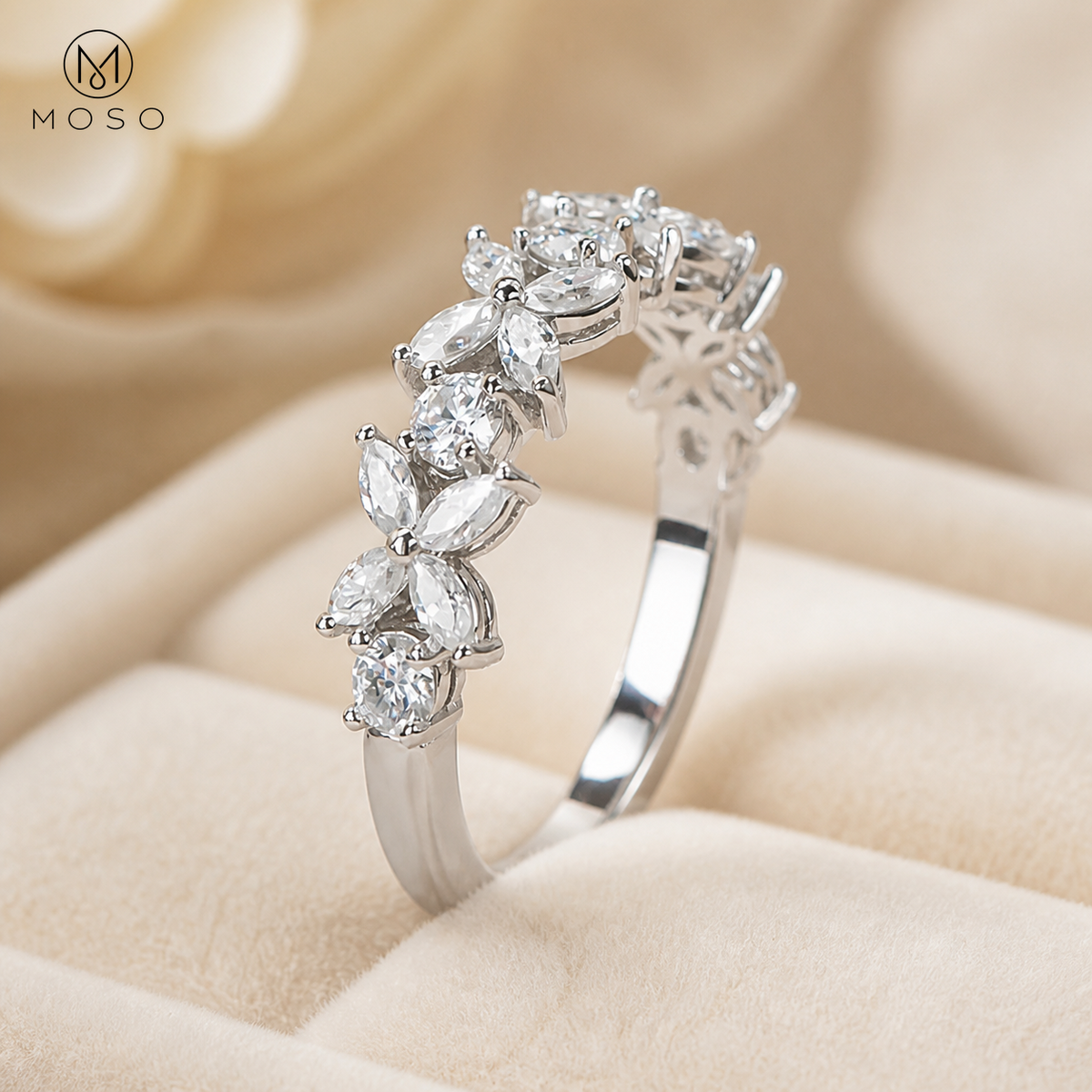 Isabella half coverage moissanite wedding band side angle