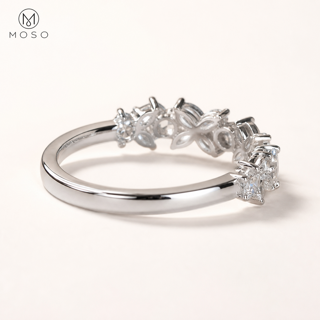 Isabella sterling silver moissanite ring smooth shank and raised setting profile