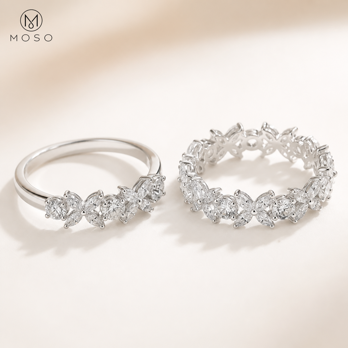 Isabella half coverage and full eternity moissanite ring comparison