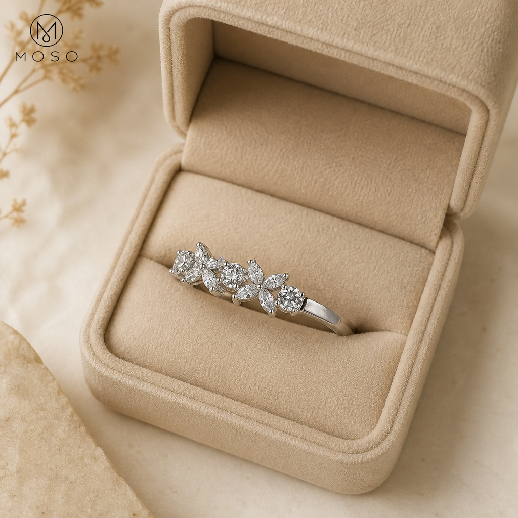 Isabella marquise moissanite ring in beige jewellery box