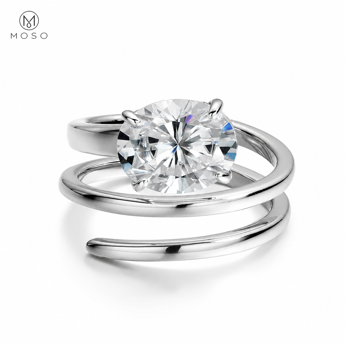 Jessica round moissanite spiral ring on a clean white background