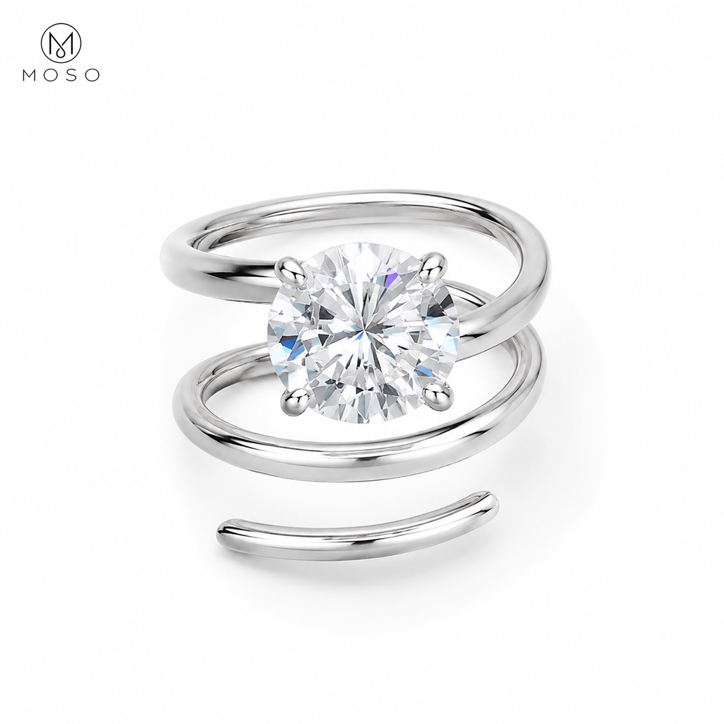 Jessica round moissanite spiral ring viewed from the front