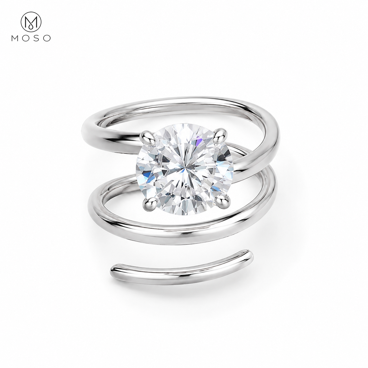 Jessica round moissanite spiral ring viewed from the front