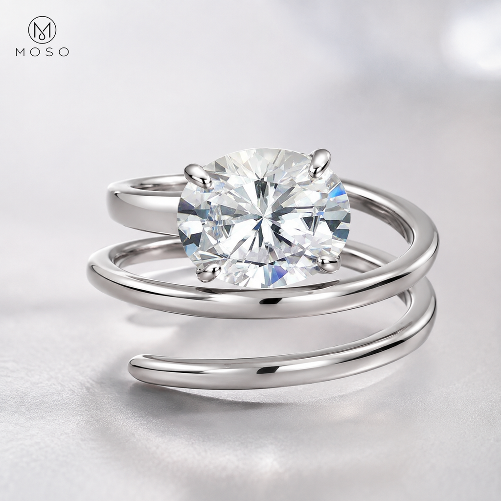 Jessica round moissanite four prong setting and spiral band detail