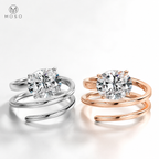 Jessica round moissanite spiral rings in silver and rose gold tones