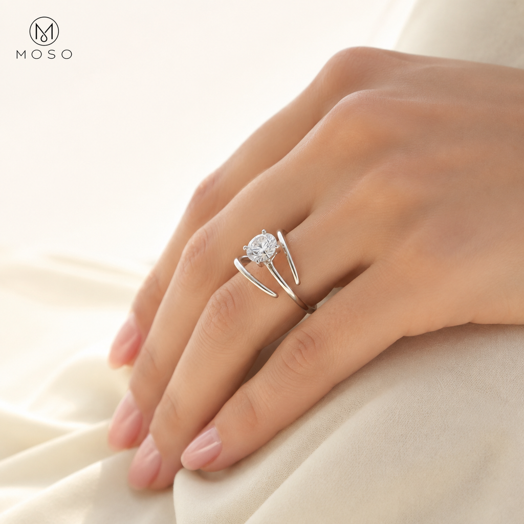 Jessica silver tone round moissanite spiral ring worn on hand