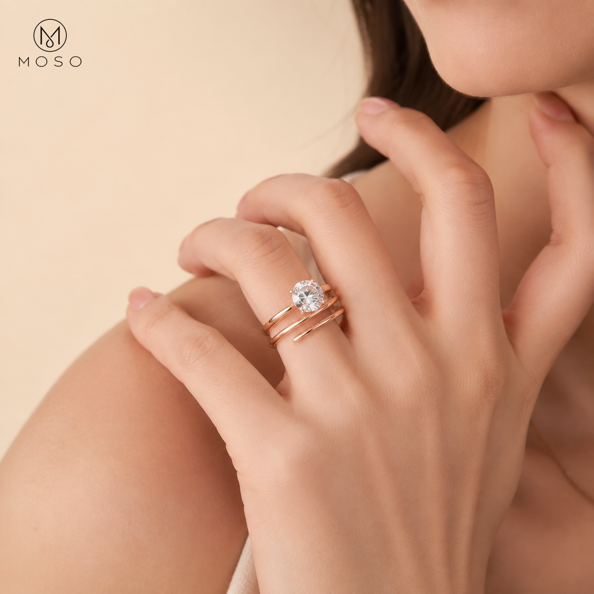 Jessica rose gold tone round moissanite spiral ring worn on hand